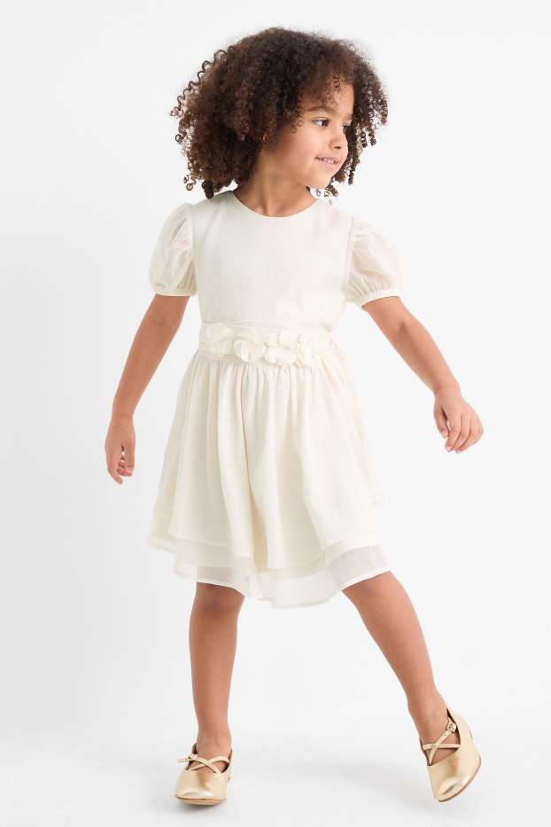 Kinder Mädchen - Blume - Kleid - glänzend - strukturiert - hellbeige