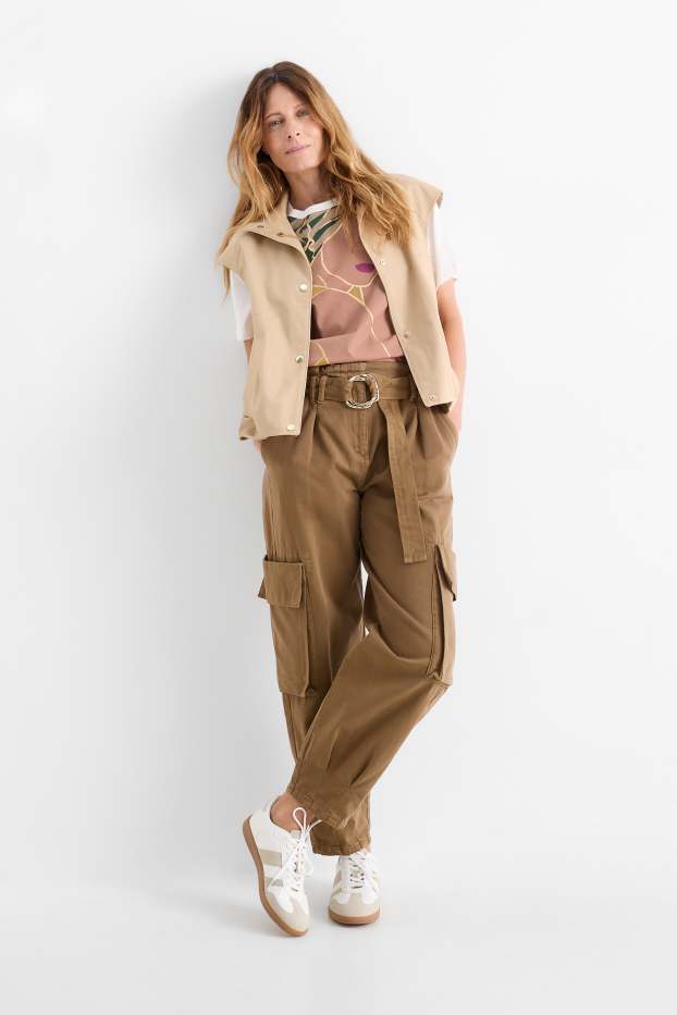 Damen - Cargohose mit Gürtel - High Waist - Tapered Fit - khaki