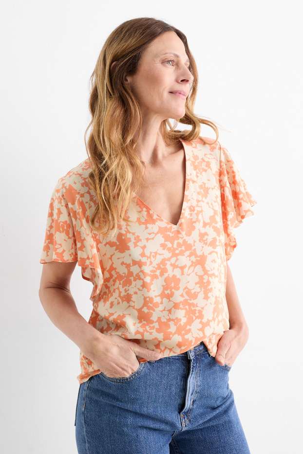 Damen - Bluse mit V-Ausschnitt - geblümt - orange