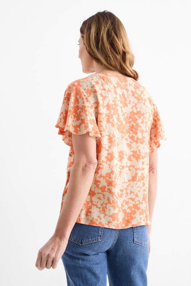 Damen - Bluse mit V-Ausschnitt - geblümt - orange