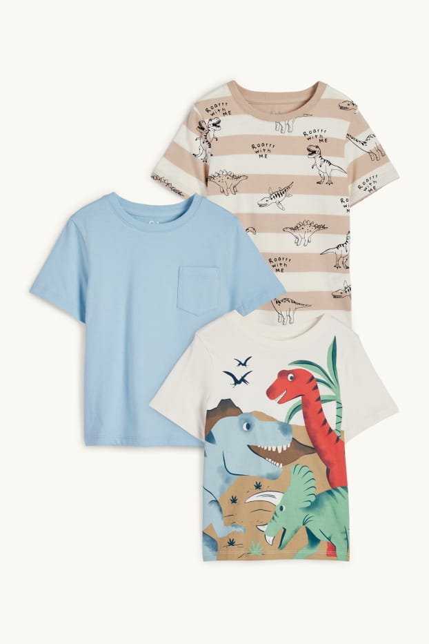 Děti - chlapci - Multipack 3 ks - motivy dinosaurů - tričko s krátkým rukávem - světle béžová