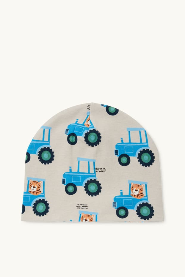 Děti - chlapci - Motivy traktorů a tygra - čepice beanie - světle béžová
