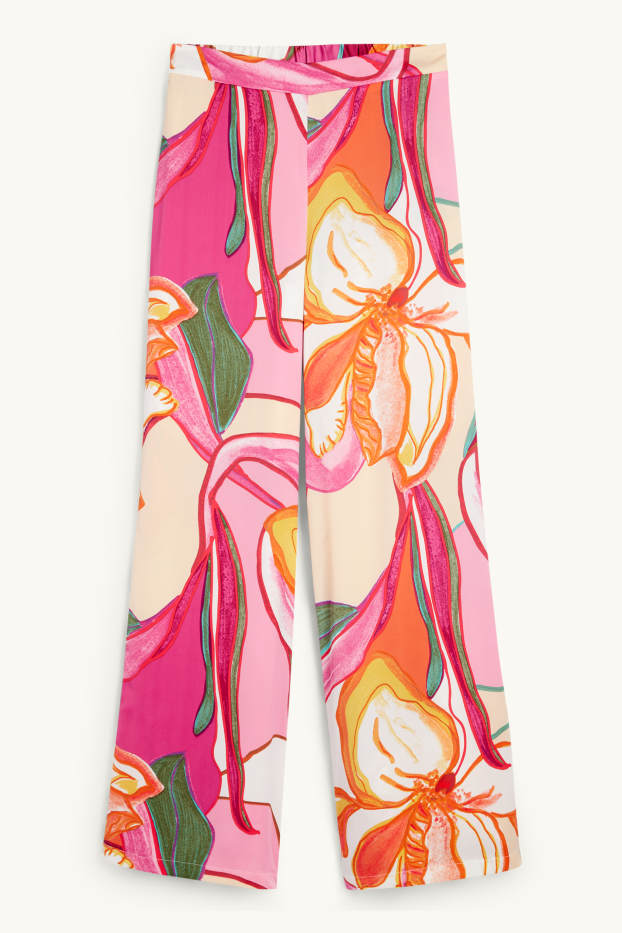 Women - Satin trousers - high waist - wide leg - patterned - rose