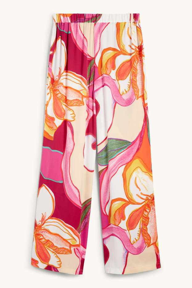 Women - Satin trousers - high waist - wide leg - patterned - rose