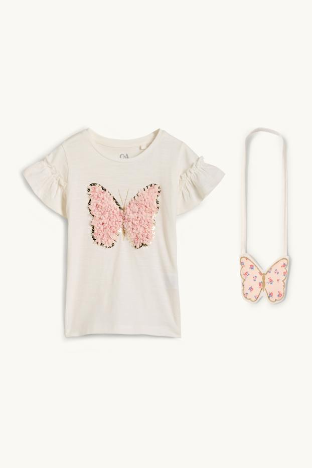 Children Girls - Butterfly - set - short sleeve T-shirt and bag - 2 piece - cremewhite