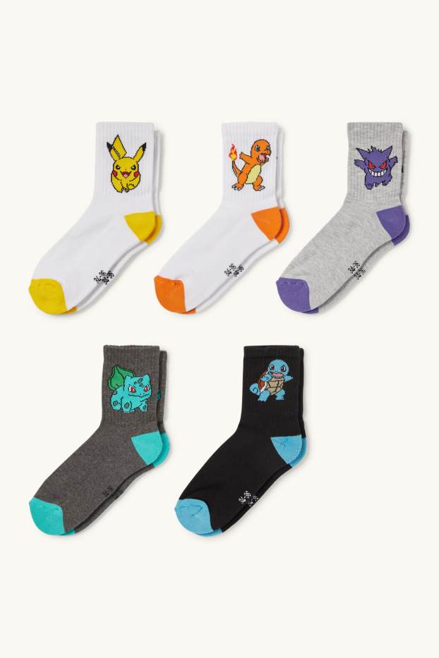 Enfants garçons - Lot de 5 paires - Pokémon - chaussettes de tennis à motif - noir