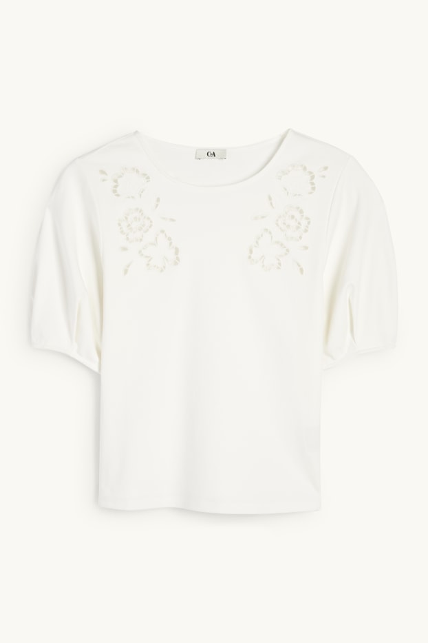 Dames - T-shirt - regular fit - broderie Anglaise - crème wit