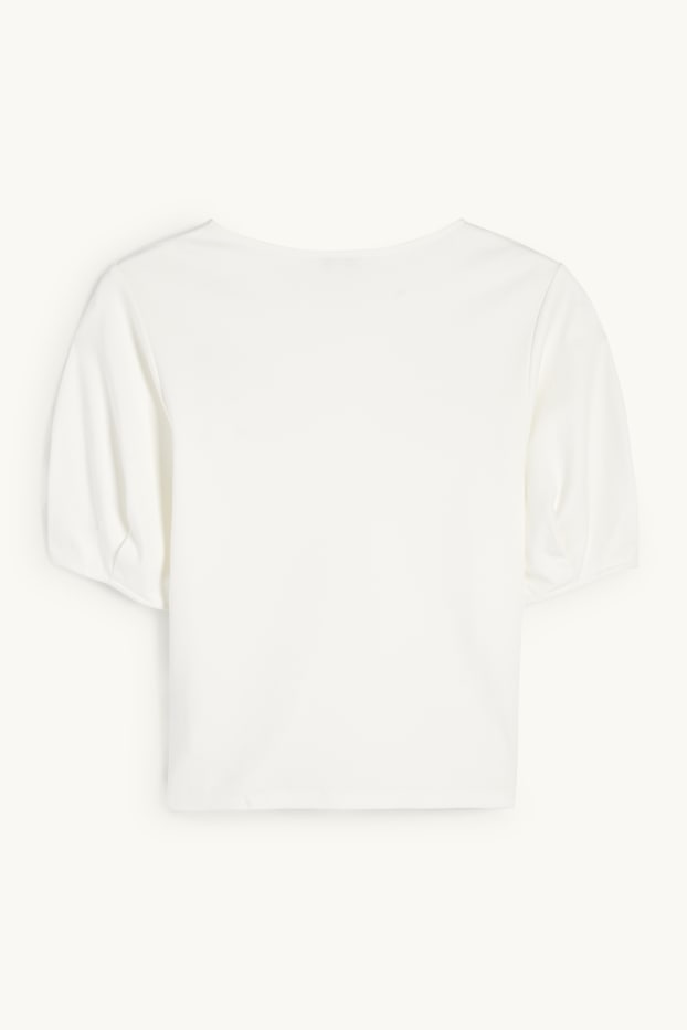 Dames - T-shirt - regular fit - broderie Anglaise - crème wit
