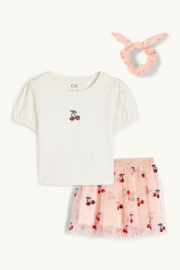 Copii - Fete - Cireșe - set - tricou cu mânecă scurtă, fustă și elastic de păr - 3 piese - roz
