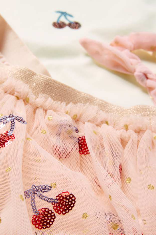 Copii - Fete - Cireșe - set - tricou cu mânecă scurtă, fustă și elastic de păr - 3 piese - roz