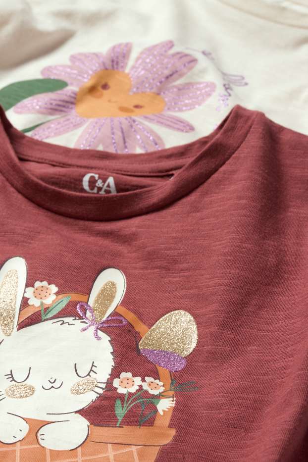 Kinderen: meisjes - Set van 2 - bloem en konijntje - T-shirt - bordeaux