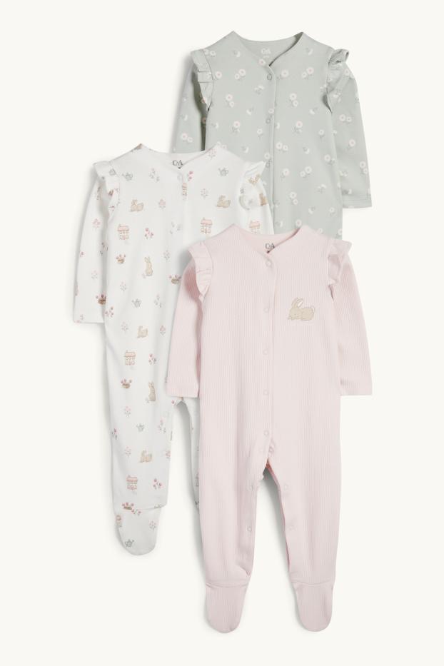 Baby Girls - Multipack of 3 - flowers and bunny rabbit - baby sleepsuit - rose