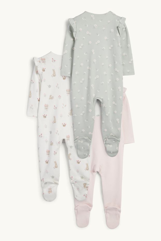 Baby Girls - Multipack of 3 - flowers and bunny rabbit - baby sleepsuit - rose