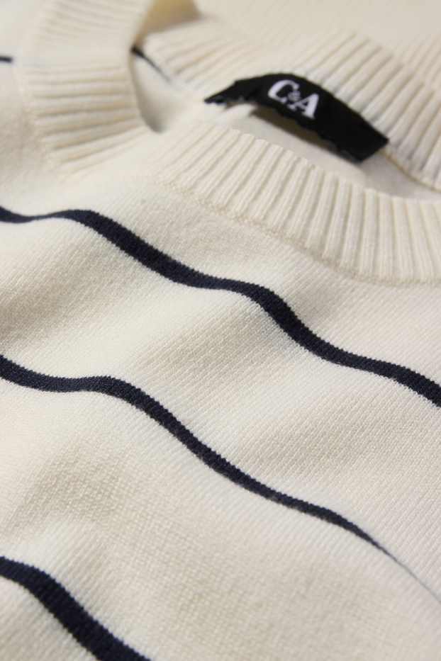 Damen - Strickpullover - kurzarm - gestreift - cremeweiß