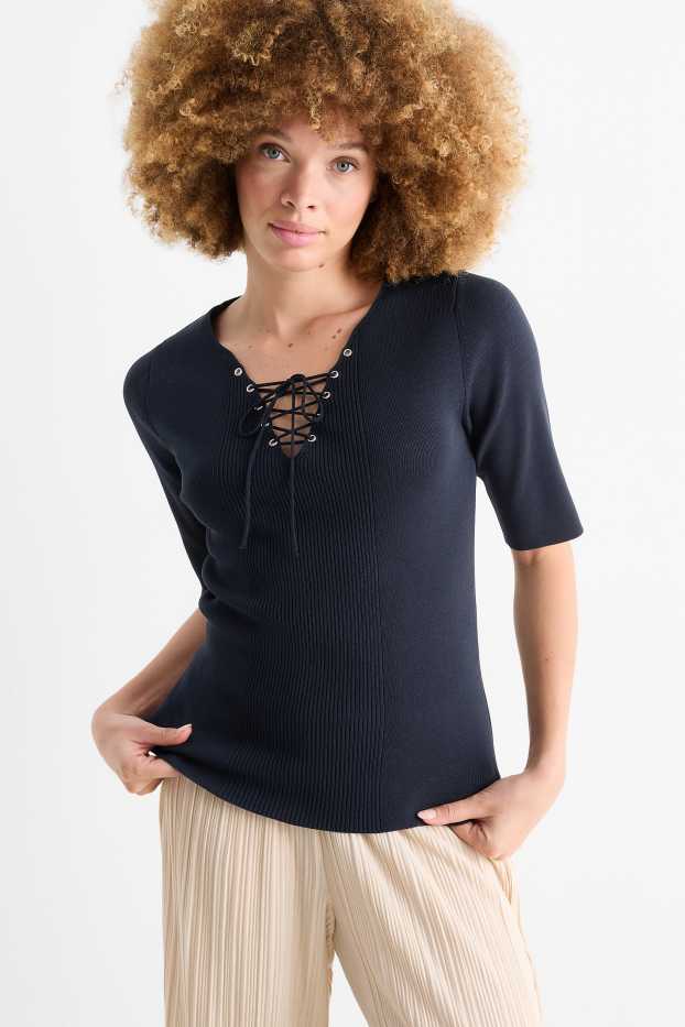Femmes - Pull en maille - manches courtes - bleu foncé