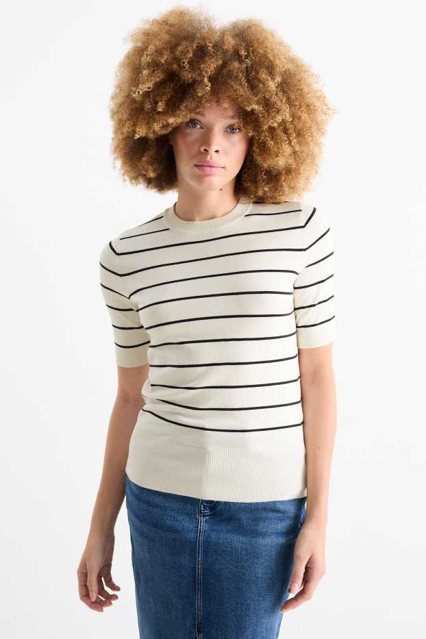 Damen - Strickpullover - kurzarm - gestreift - cremeweiß