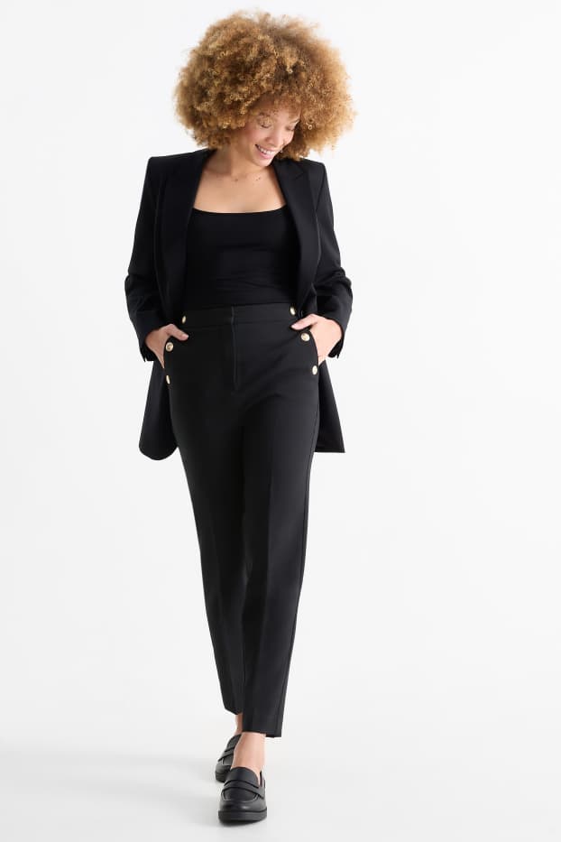 Dámské - Plátěné kalhoty - high waist - tapered fit - černá