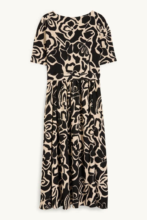 Women - Fit & flare dress with belt - floral - black / beige