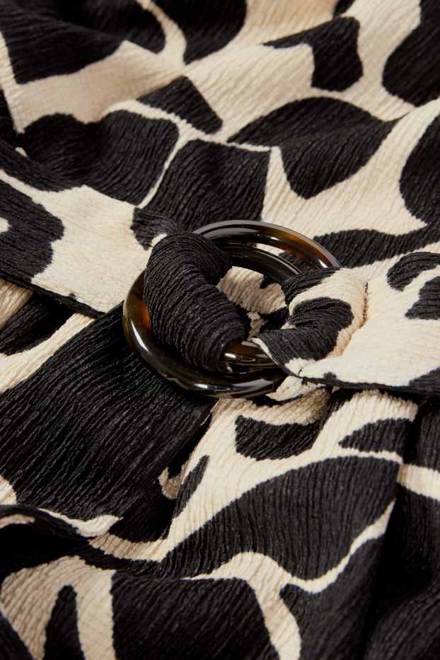 Women - Fit & flare dress with belt - floral - black / beige