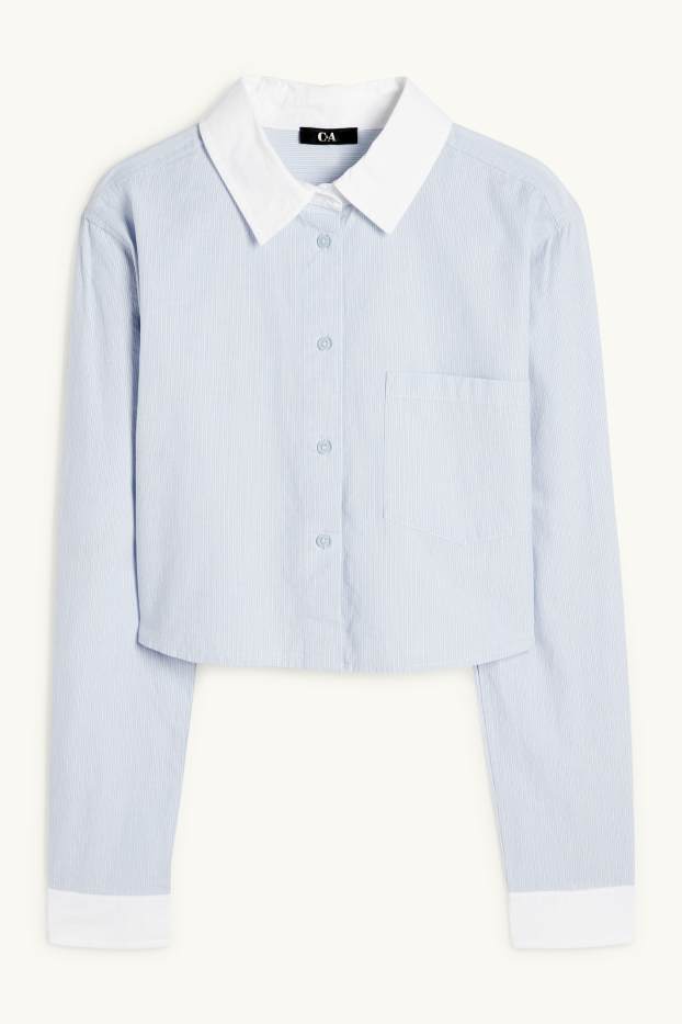 Women - Cropped poplin blouse - striped - light blue