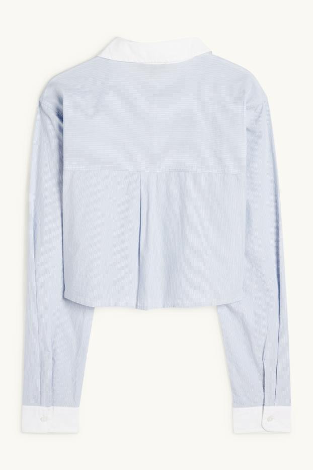 Women - Cropped poplin blouse - striped - light blue