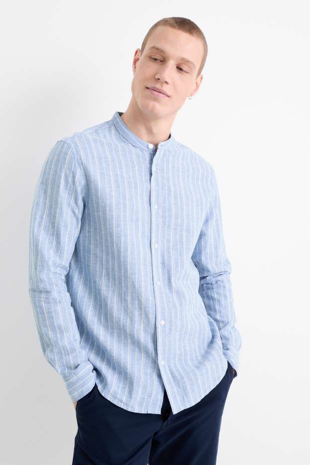 Hommes - Chemise - regular fit - col montant - lin mélangé - à rayures - bleu