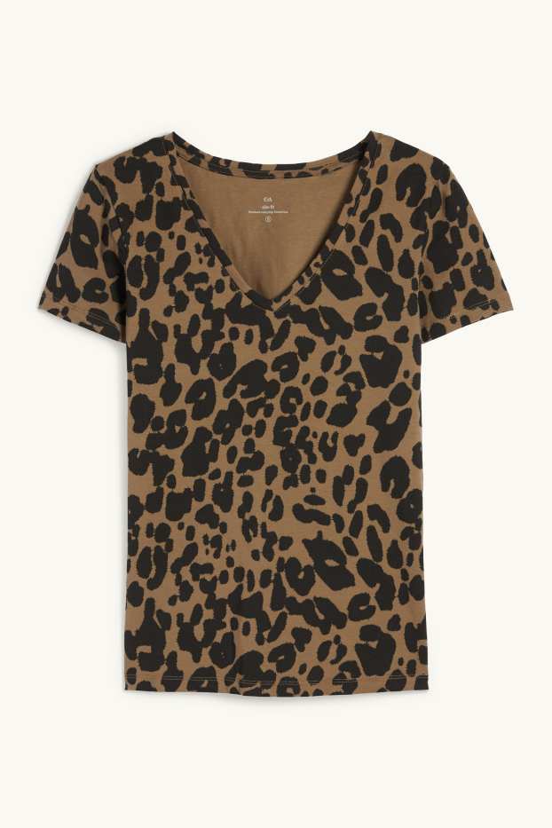 Femmes - T-shirt à col V - imprimé léopard - vert foncé / noir