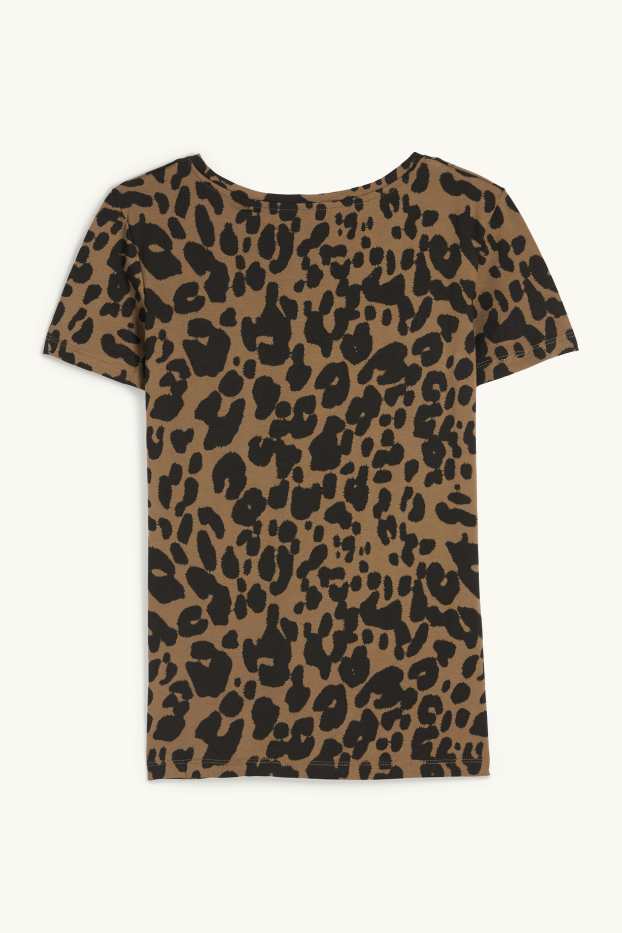 Femmes - T-shirt à col V - imprimé léopard - vert foncé / noir