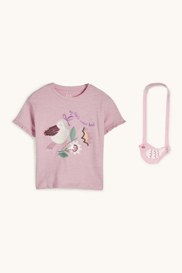 Bambine - Fiore e uccello - set - maglia a maniche corte e borsa - 2 pezzi - viola chiaro