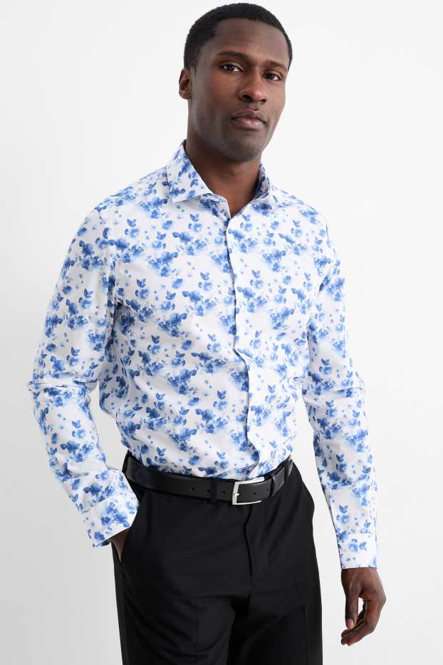 Bărbați - Cămașă office - slim fit - guler italian - cu model - alb