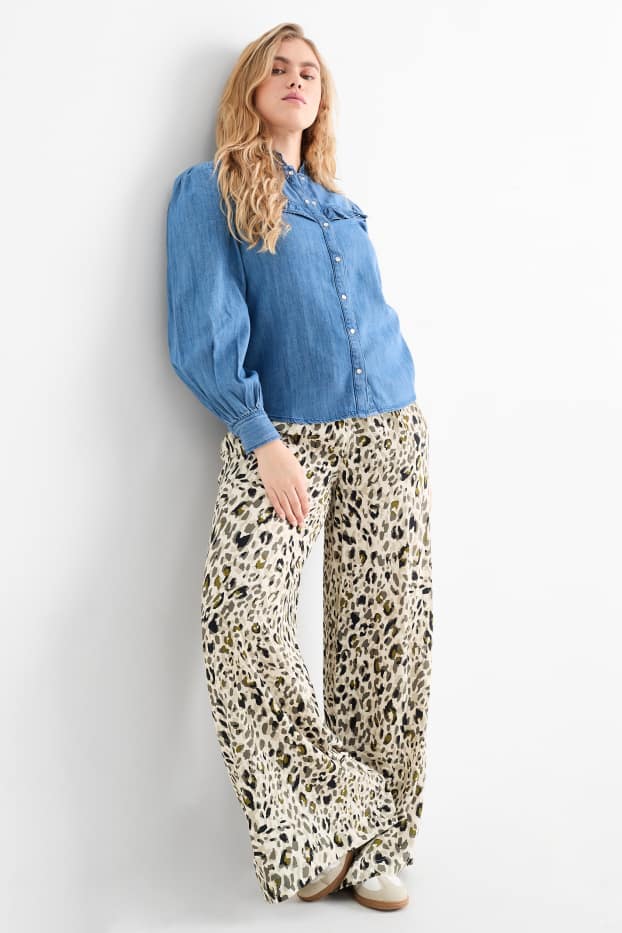 Dames - Pantalon - high waist - wide leg - luipaardprint - licht beige