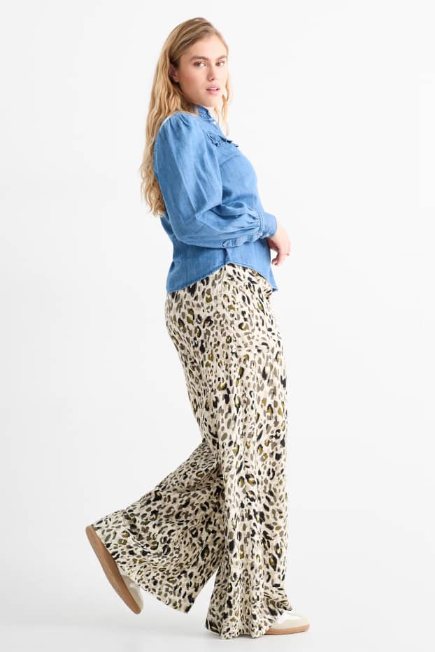 Dames - Pantalon - high waist - wide leg - luipaardprint - licht beige