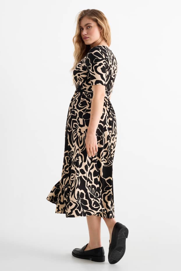 Women - Fit & flare dress with belt - floral - black / beige