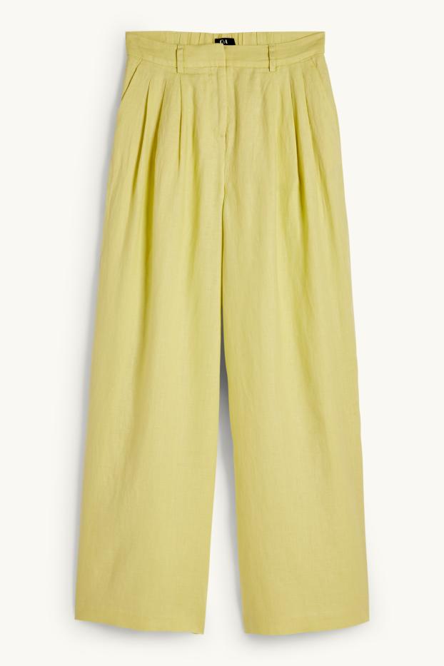 Donna - Pantaloni di lino - vita alta - gamba ampia - giallo
