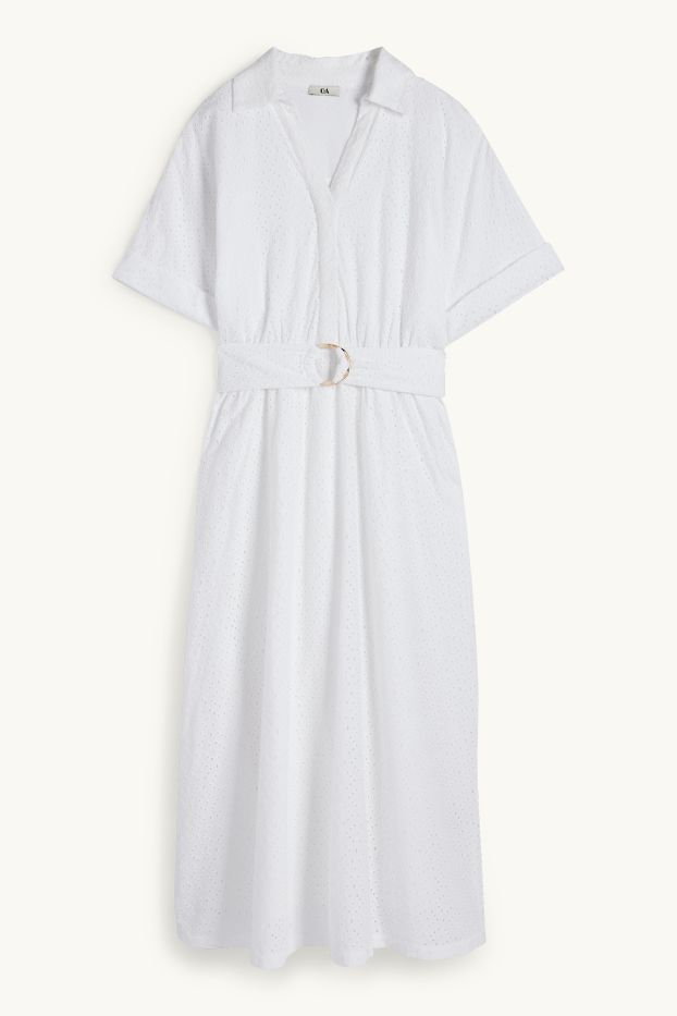 Donna - Vestito a blusa con cintura - broderie anglaise - bianco