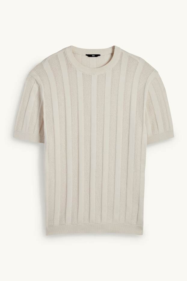 Men - Knitted jumper - short sleeve - ribbed - light beige