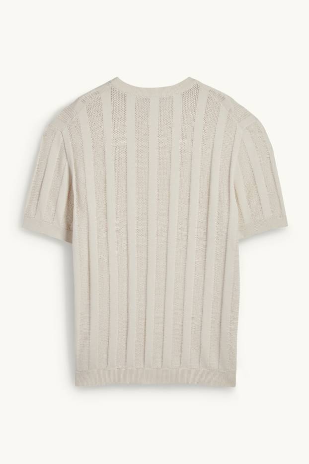 Men - Knitted jumper - short sleeve - ribbed - light beige