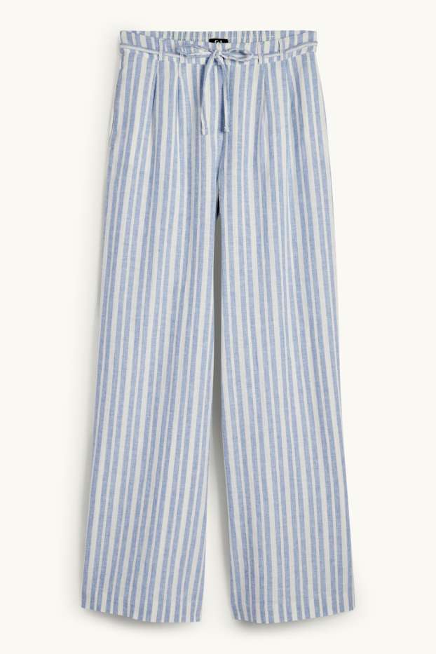Femmes - Pantalon en toile - high waist - wide leg - lin mélangé - à rayures - bleu clair