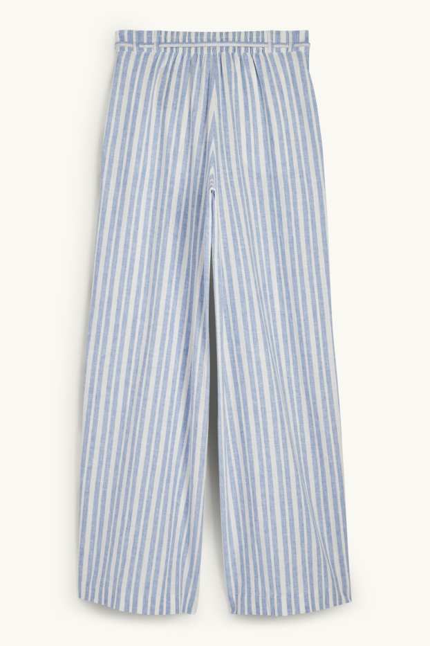 Femmes - Pantalon en toile - high waist - wide leg - lin mélangé - à rayures - bleu clair