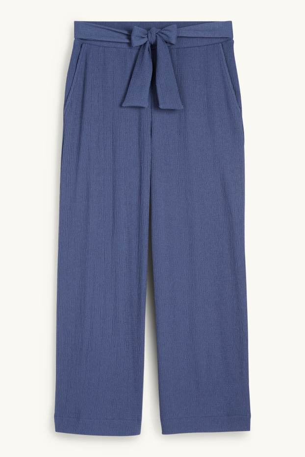 Mujer - Pantalón básico de jersey - mid waist - wide leg - con textura - azul oscuro