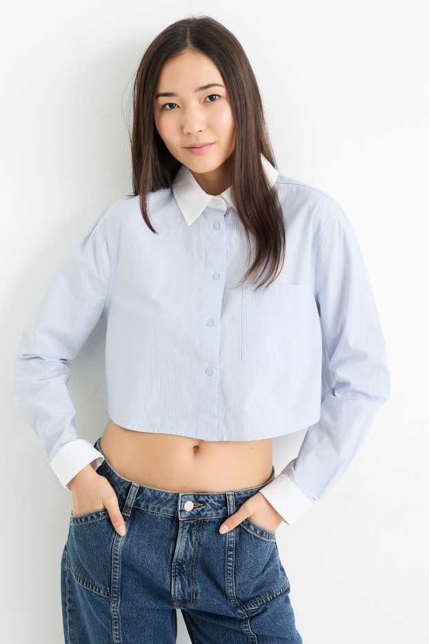 Women - Cropped poplin blouse - striped - light blue