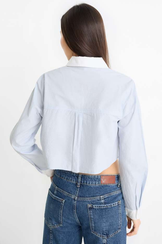 Women - Cropped poplin blouse - striped - light blue