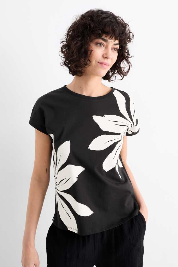 Damen - T-Shirt - geblümt - schwarz / beige