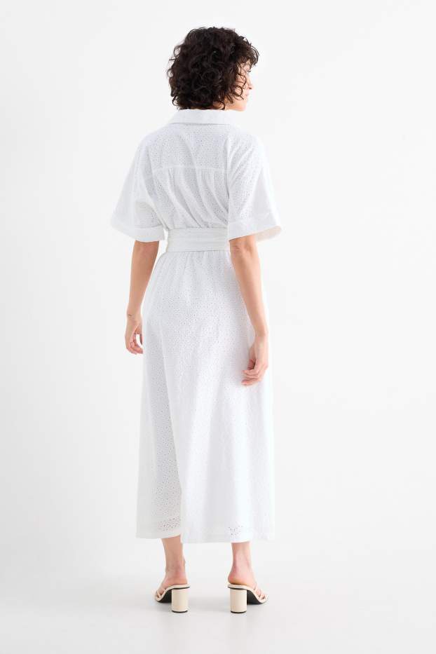 Donna - Vestito a blusa con cintura - broderie anglaise - bianco
