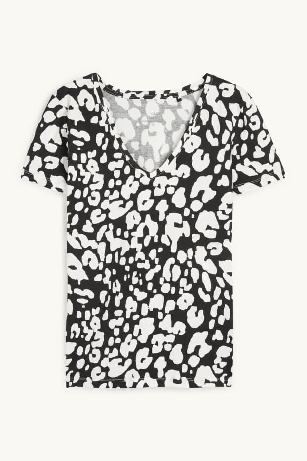 Dames - T-shirt met V-hals - luipaardprint - zwart / wit