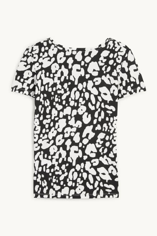 Dames - T-shirt met V-hals - luipaardprint - zwart / wit