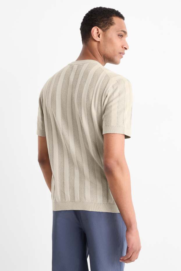 Men - Knitted jumper - short sleeve - ribbed - light beige