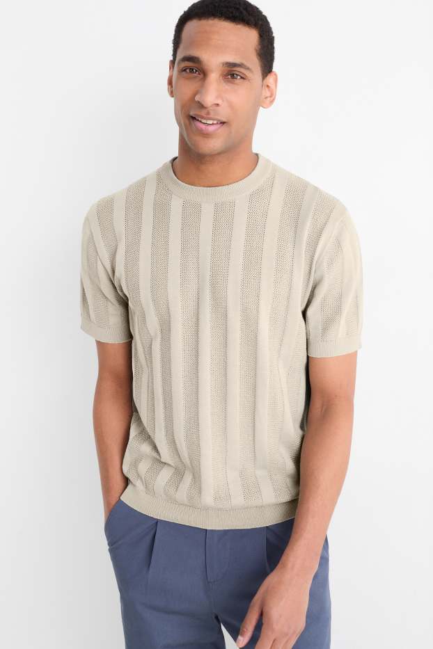 Men - Knitted jumper - short sleeve - ribbed - light beige
