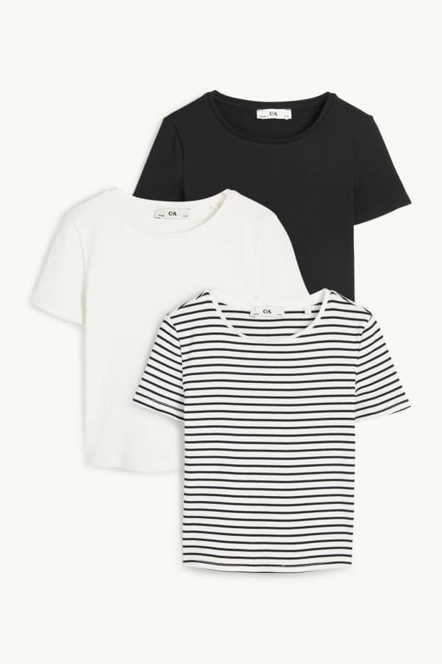 Enfants filles - Lot de 3 - T-shirts - côtelés - noir / blanc