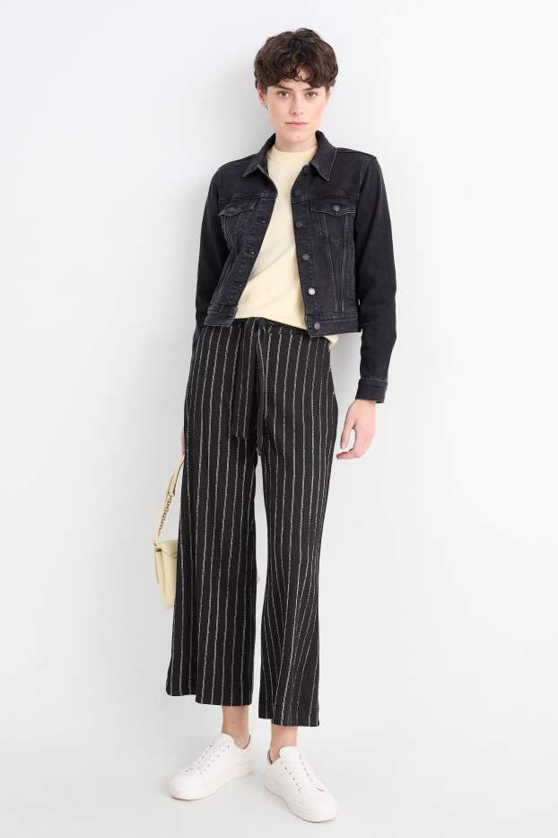 Women - Jersey trousers - mid-rise waist - wide leg - striped - textures - black